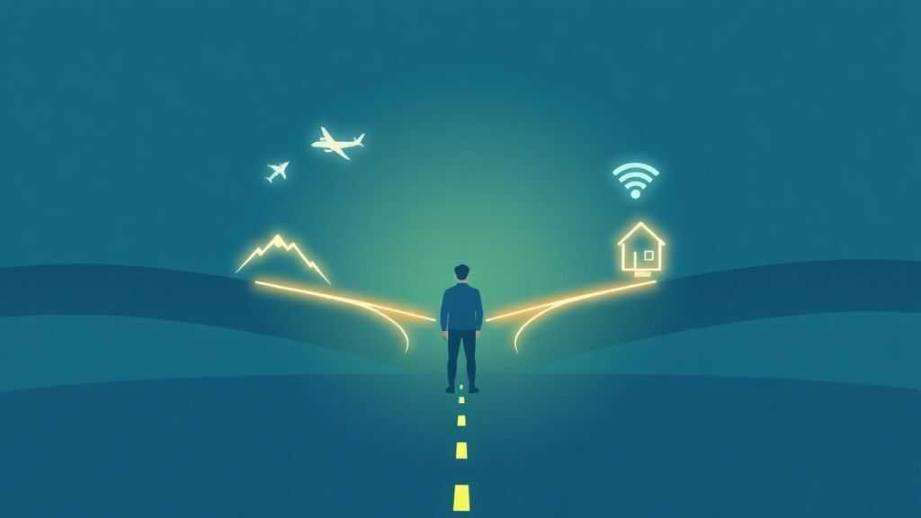 A person standing at a crossroads with two distinct paths visualized by glowing lines. One path leads to mountain and airplane icons (travel/outdoor), the other leads to a house and wifi icon (home/stationary). Minimalist design, soft blue and green color scheme, abstract landscape background.