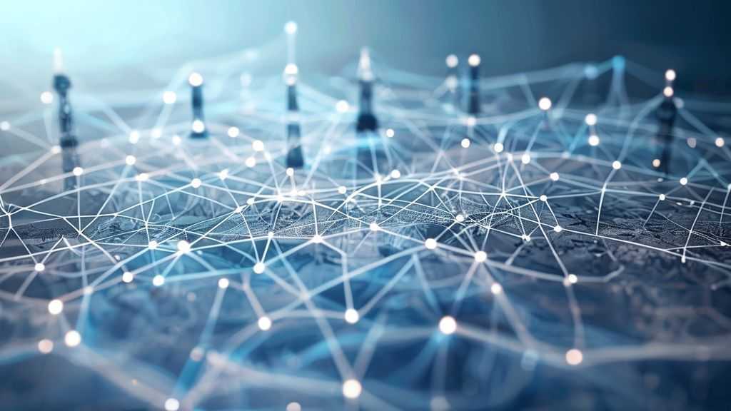 Abstract network nodes connected by lines on a map background, signal waves radiating from towers, soft blue and gray color scheme, clean minimal illustration, modern communication concept