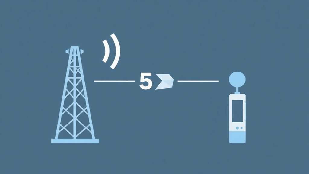 Simple illustration showing a 5G cellular tower and a mobile wifi device with a broken signal line between them, using light blue and gray color scheme, clean minimal flat design style