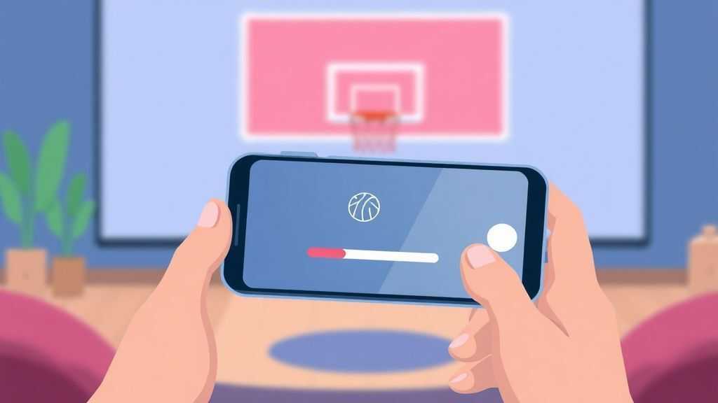 Frustrated live streamer on phone with frozen buffering icon on screen, basketball game in background out of focus, minimal illustration style, soft muted colors, modern problem concept