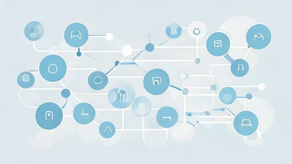 Simple flowchart illustration with connected circles and arrows representing IVR menu options, light blue and white color scheme, clean minimal design, showing a user pathing through complex choices