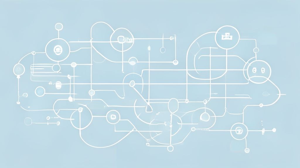 Simple flowchart illustration with connected circles and arrows, light blue and white color scheme, clean minimal design, business presentation style