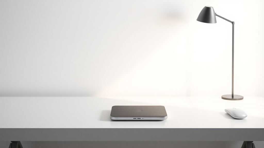 Minimalist photography of a portable electronic device on sleek desk surface, isolated, soft neutral lighting, professional color palette, clean geometric composition