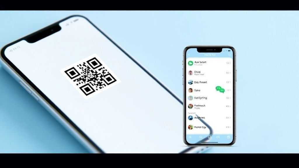 Minimalist mobile phone interface showing a QR code scan and WeChat menu interaction, soft blue and white color scheme, clean iconography, focus on user flow