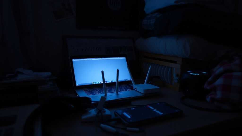 A messy dorm room desk at night, with a laptop screen glowing, a small white router device with an antenna, and a smartphone showing weak signal bars, in a dim, realistic style