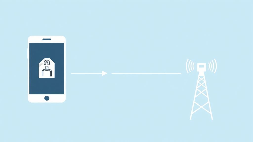 Simple flowchart illustration showing a document with official stamp connected to a smartphone and a cellular tower, light blue and white color scheme, clean minimal design, business regulation concept