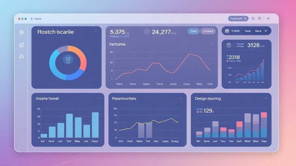 Minimalist business dashboard with abstract data visualization, soft gradient background, professional color scheme, clean geometric shapes, flat design style