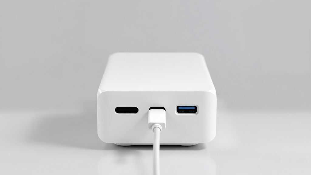 Modern minimalist device front view with clean lines and a USB Type-C port highlighted, soft gray background, professional lighting, geometric abstract style