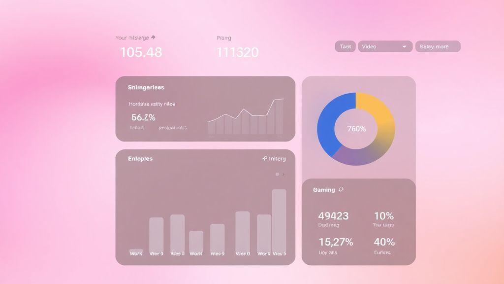 Minimalist business dashboard with abstract data visualization, soft gradient background, professional color scheme, clean geometric shapes, pie chart showing percentages for work, video, and gaming usage