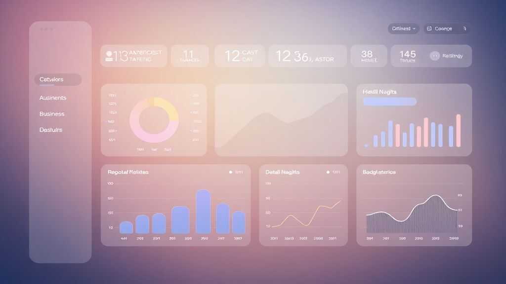 Minimalist business dashboard with abstract data visualization, soft gradient background, professional color scheme, clean geometric shapes, flat design style