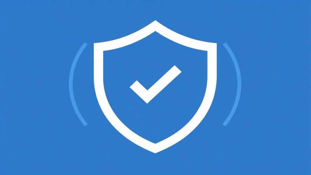 Simple shield icon with a checkmark, protected by a wireless signal wave outline, soft blue and white color scheme, clean minimal flat design, digital security concept