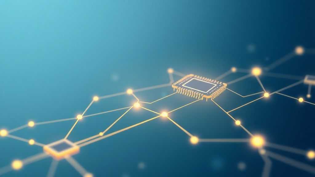 Abstract network chips and data pathways visualized with clean geometric shapes, soft blue and gold color gradient, professional tech illustration, minimalist style