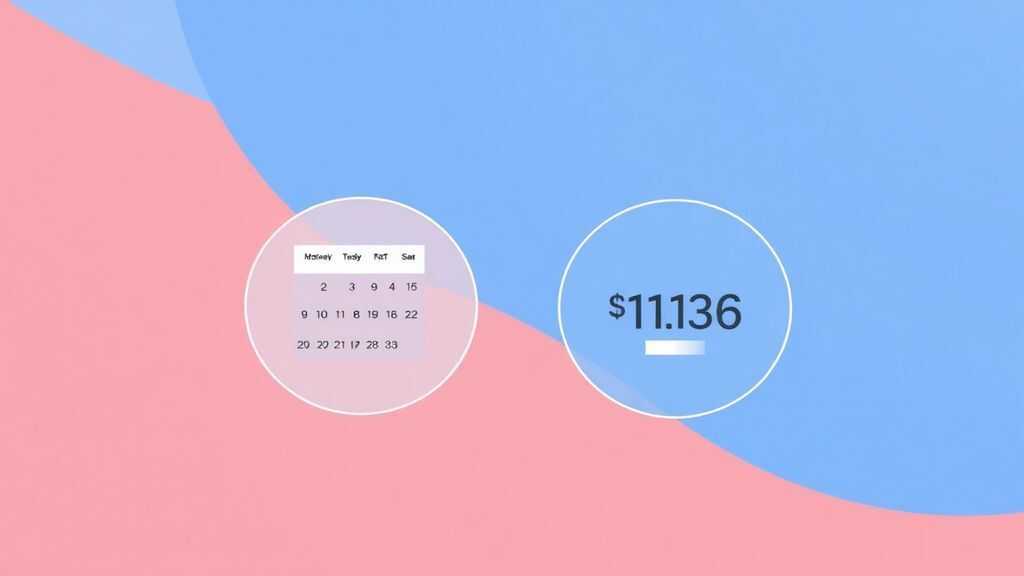 Two overlapping circles on a gradient background, one showing daily rental calendar, the other showing a purchased device, clean minimal design for cost comparison concept
