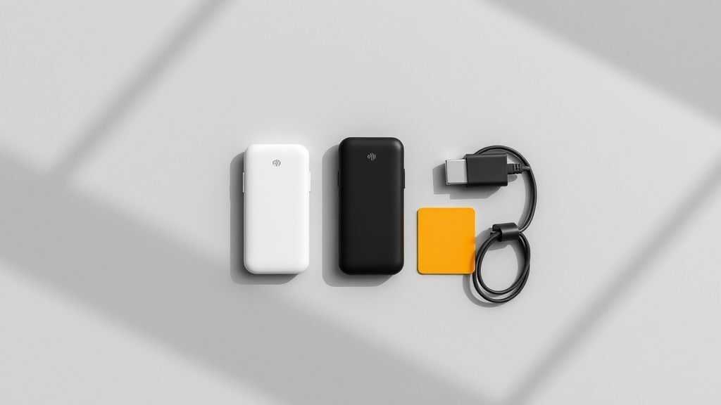 Minimalist product unboxing flat lay with Wi-Fi device, SIM card, charging cable on soft gray background, clean geometric shadows, professional color scheme