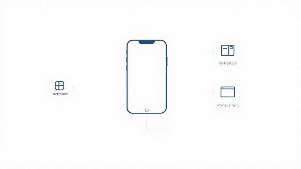 Simple flow diagram showing a mobile phone accessing various icons for activation, verification, and device management, light gray background, clean flat design style, minimalist app interface concept