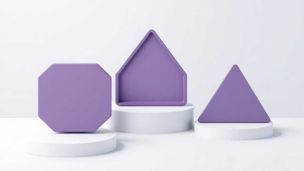 Three distinct geometric shapes positioned at varying heights on a stepped platform, minimalist design, soft gradient background, professional business infographic style