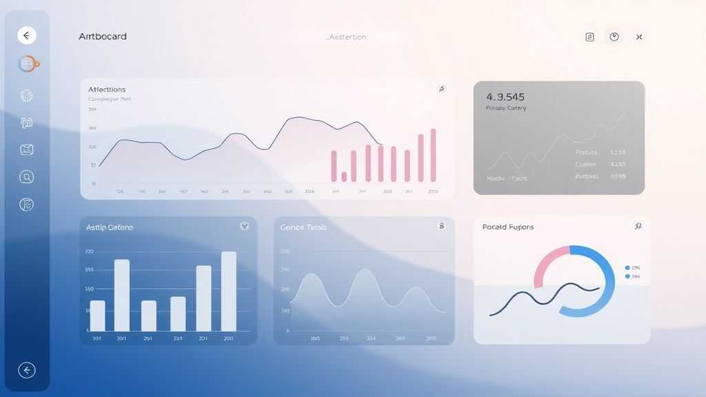 Minimalist business dashboard with abstract data visualization, soft gradient background, professional color scheme, clean geometric shapes, flat design style