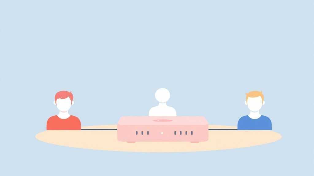 Simple illustration of three user icons connected to a central router device, soft colors, clean flat design, target audience concept, minimalist style